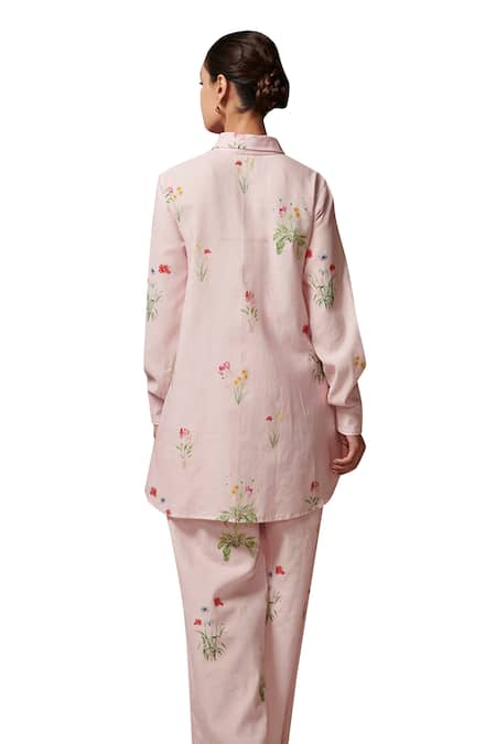 Buy_Dressfolk_Pink Linen, Cotton Embroidery Collared Floral Digital Printed Kurta And Pant Set