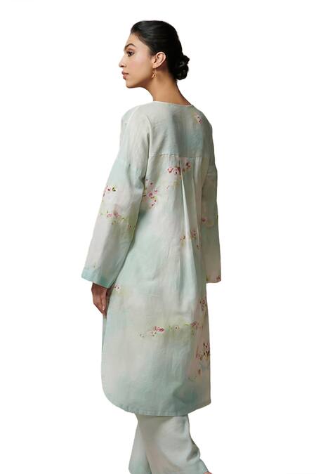 Dressfolk_Blue Linen, Cotton Round Neck Floral Digital Printed Kurta And Pant Set _Online_at_Aza_Fashions