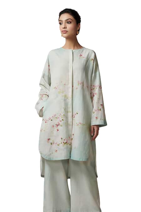 Buy_Dressfolk_Blue Linen, Cotton Round Neck Floral Digital Printed Kurta And Pant Set _Online_at_Aza_Fashions
