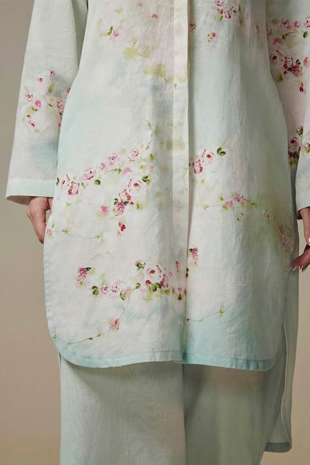 Shop_Dressfolk_Blue Linen, Cotton Round Neck Floral Digital Printed Kurta And Pant Set _Online_at_Aza_Fashions
