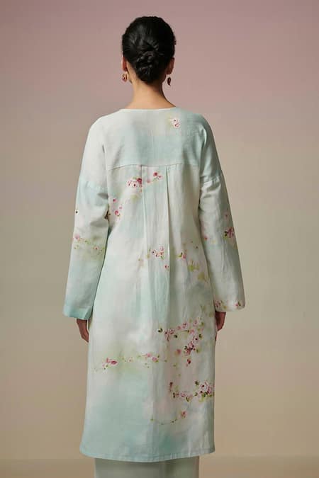 Buy_Dressfolk_Blue Linen, Cotton Round Neck Floral Digital Printed Kurta And Pant Set 