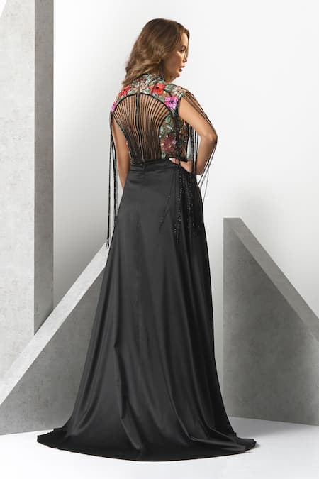 Eli Bitton_Black Satin, Polyester Tassels Round Neck Floral Embroidered Layered Gown _Online_at_Aza_Fashions