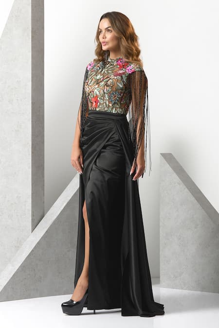 Shop_Eli Bitton_Black Satin, Polyester Tassels Round Neck Floral Embroidered Layered Gown _Online_at_Aza_Fashions