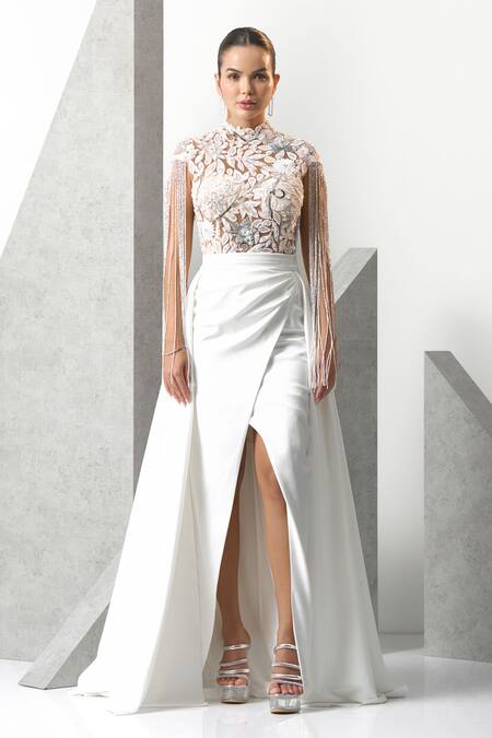 Eli Bitton_White Satin, Polyester Sequins Round Neck Floral Embroidered Sheer Gown _Online_at_Aza_Fashions