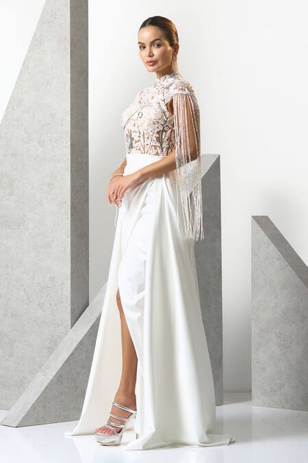 Buy_Eli Bitton_White Satin, Polyester Sequins Round Neck Floral Embroidered Sheer Gown _Online_at_Aza_Fashions