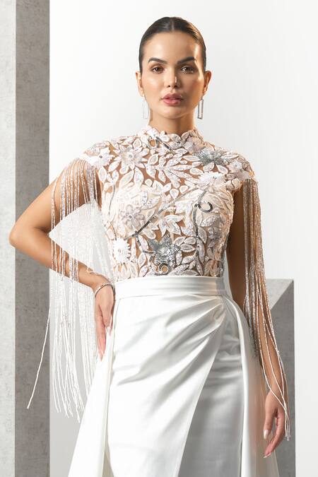 Shop_Eli Bitton_White Satin, Polyester Sequins Round Neck Floral Embroidered Sheer Gown _Online_at_Aza_Fashions