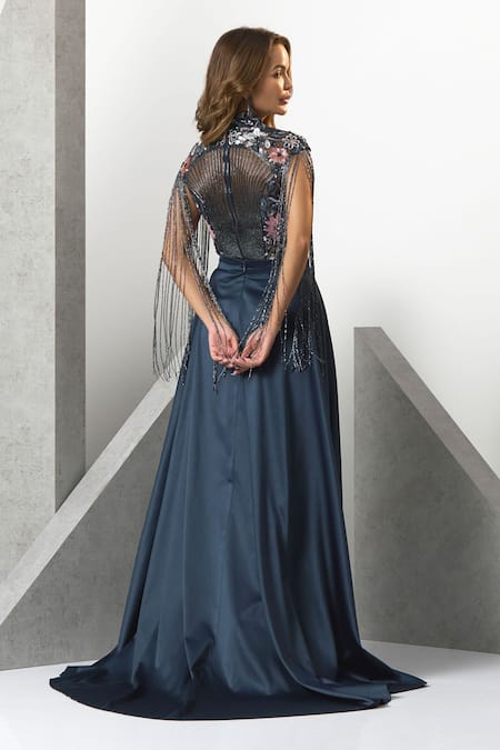 Shop Eli Bitton Blue Satin, Polyester Sequins, Tassels Round Neck Floral Embroidered Slit Gown at Aza Fashions Shop_Eli Bitton_Blue Satin, Polyester Sequins, Tassels Round Neck Floral Embroidered Slit Gown _at_Aza_Fashions