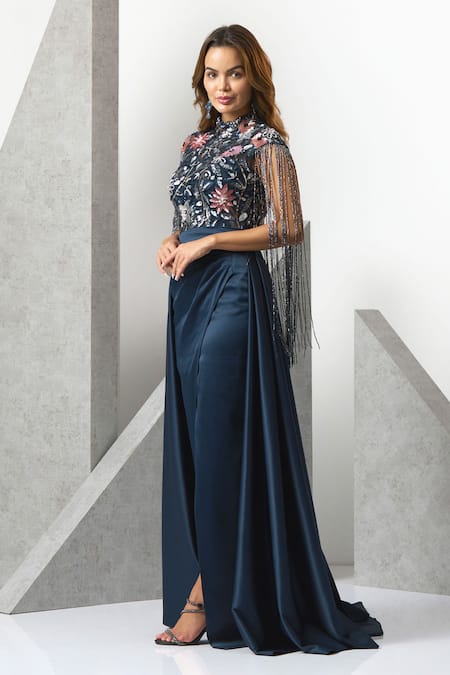 Shop Eli Bitton Blue Satin, Polyester Sequins, Tassels Round Neck Floral Embroidered Slit Gown Online at Aza Fashions Shop_Eli Bitton_Blue Satin, Polyester Sequins, Tassels Round Neck Floral Embroidered Slit Gown _Online_at_Aza_Fashions