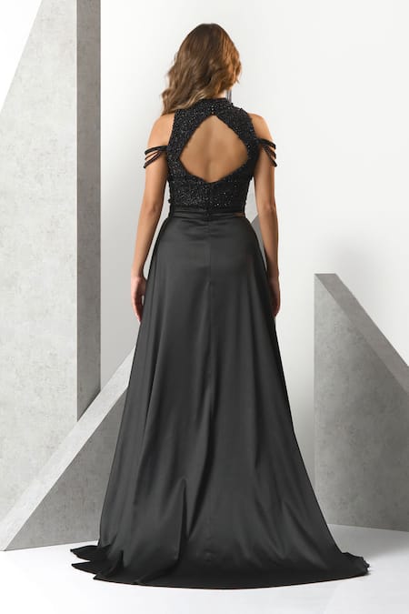 Eli Bitton Black Satin, Polyester Pearls High Neck Embroidered Sheer Gown Online at Aza Fashions Eli Bitton_Black Satin, Polyester Pearls High Neck Embroidered Sheer Gown _Online_at_Aza_Fashions