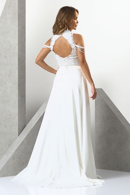 Eli Bitton White Satin, Polyester Pearls High Neck Embroidered Gown Online at Aza Fashions Eli Bitton_White Satin, Polyester Pearls High Neck Embroidered Gown _Online_at_Aza_Fashions