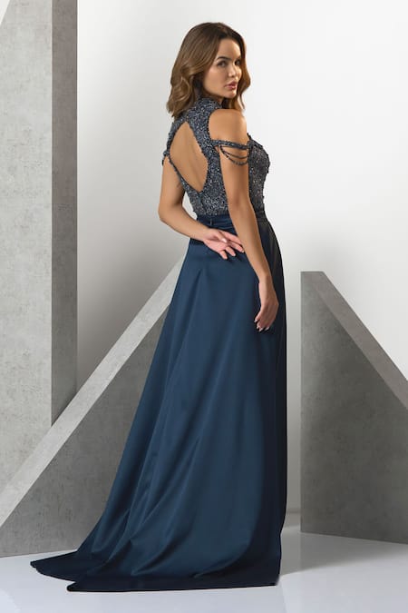 Eli Bitton_Blue Satin, Polyester Pearls High Neck Embroidered Slit Gown _Online_at_Aza_Fashions