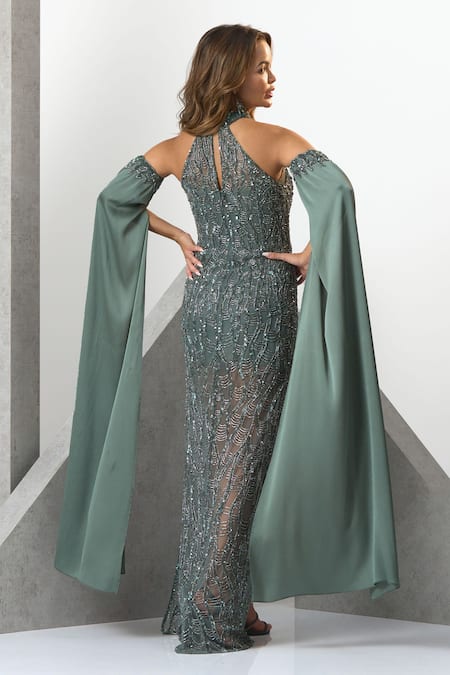 Eli Bitton Crystal & Bead Embroidered Halter Neck Gown 