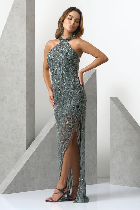 Buy Eli Bitton Green Tulle, Satin Crystals, Beads Halter Neck And Embroidered Gown Online at Aza Fashions Buy_Eli Bitton_Green Tulle, Satin Crystals, Beads Halter Neck And Embroidered Gown _Online_at_Aza_Fashions
