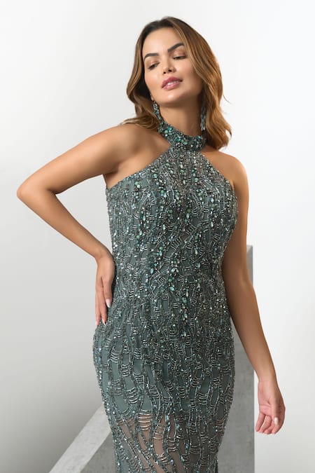 Shop Eli Bitton Green Tulle, Satin Crystals, Beads Halter Neck And Embroidered Gown Online at Aza Fashions Shop_Eli Bitton_Green Tulle, Satin Crystals, Beads Halter Neck And Embroidered Gown _Online_at_Aza_Fashions