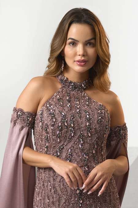 Buy_Eli Bitton_Purple Tulle, Satin, Polyester Crystals, Beads Halter Neck And Embroidered Gown _Online_at_Aza_Fashions