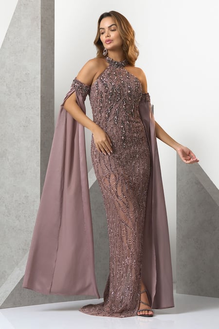 Shop_Eli Bitton_Purple Tulle, Satin, Polyester Crystals, Beads Halter Neck And Embroidered Gown _Online_at_Aza_Fashions