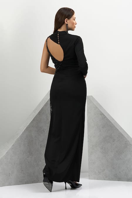 Shop Eli Bitton Black Crepe Beads, Cut Work One Shoulder High Neck Embroidered Gown at Aza Fashions Shop_Eli Bitton_Black Crepe Beads, Cut Work One Shoulder High Neck Embroidered Gown _at_Aza_Fashions