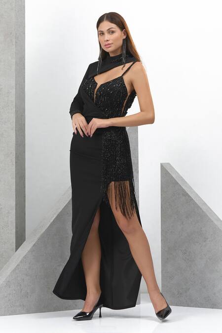 Shop Eli Bitton Black Crepe Beads, Cut Work One Shoulder High Neck Embroidered Gown Online at Aza Fashions Shop_Eli Bitton_Black Crepe Beads, Cut Work One Shoulder High Neck Embroidered Gown _Online_at_Aza_Fashions