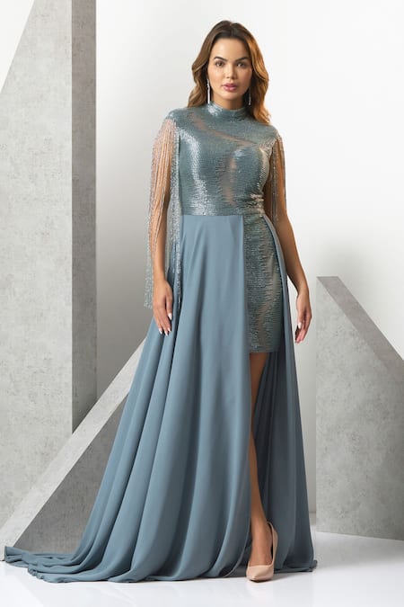 Eli Bitton_Blue Chiffon Tassels High Neck Sheer Hand Embroidered Gown _Online_at_Aza_Fashions