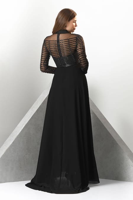 Eli Bitton Wing Collar Embroidered Slit Gown 