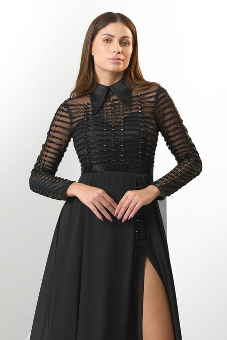 Shop_Eli Bitton_Black Chiffon, Satin Beads Collared Wing Embroidered Slit Gown _Online_at_Aza_Fashions