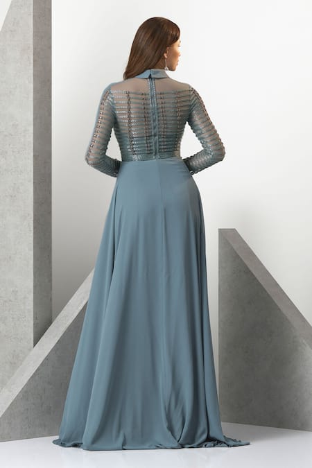 Eli Bitton Wing Collar Embroidered Gown 