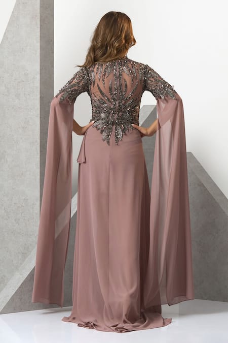 Eli Bitton Leaf Embroidered Draped Gown 