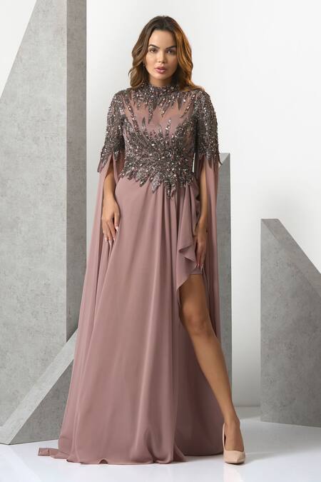 Eli Bitton_Purple Chiffon Sequins, Beads, Stones High Neck Leaf Embroidered Draped Gown _Online_at_Aza_Fashions