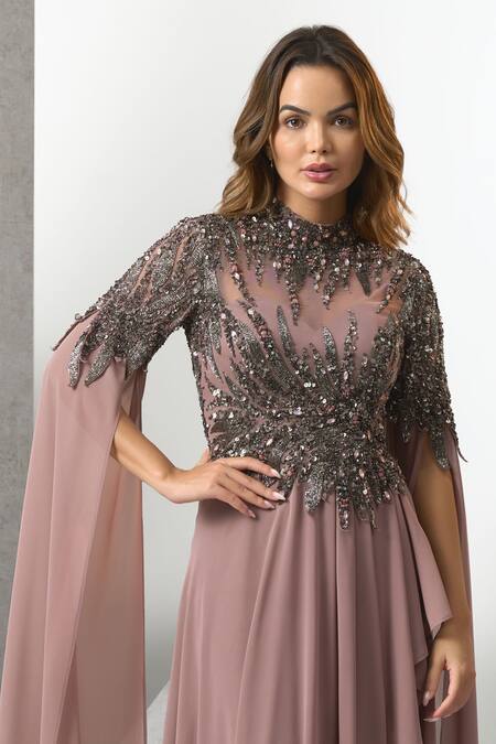 Shop_Eli Bitton_Purple Chiffon Sequins, Beads, Stones High Neck Leaf Embroidered Draped Gown _Online_at_Aza_Fashions