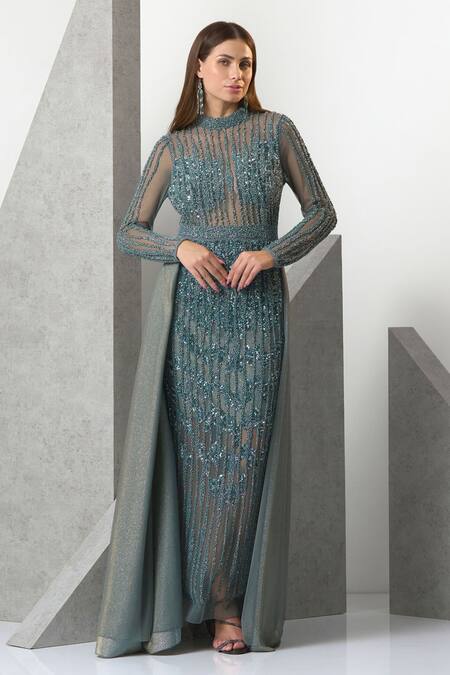 Eli Bitton_Blue Tulle, Lurex Pearls Turtle Neck Hand Embroidered Gown _Online_at_Aza_Fashions