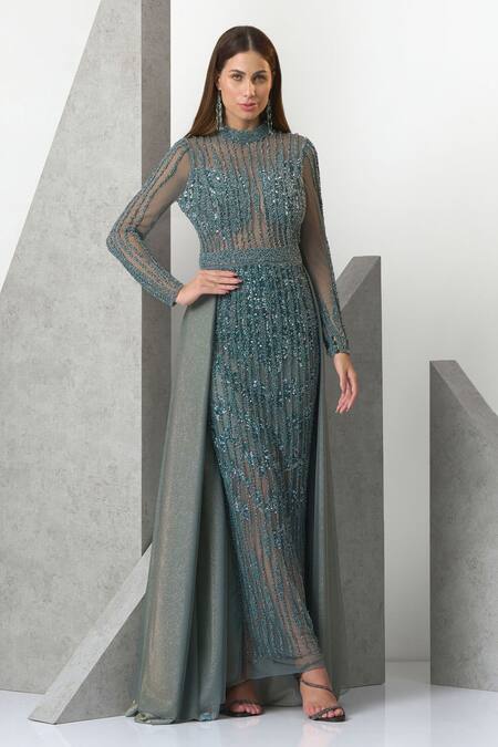 Buy_Eli Bitton_Blue Tulle, Lurex Pearls Turtle Neck Hand Embroidered Gown _Online_at_Aza_Fashions