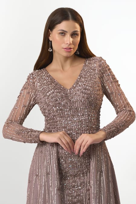 Eli Bitton Purple Tulle, Lurex Pearls, Beads V-neck Hand Embroidered Trail Gown Online at Aza Fashions Eli Bitton_Purple Tulle, Lurex Pearls, Beads V-neck Hand Embroidered Trail Gown _Online_at_Aza_Fashions