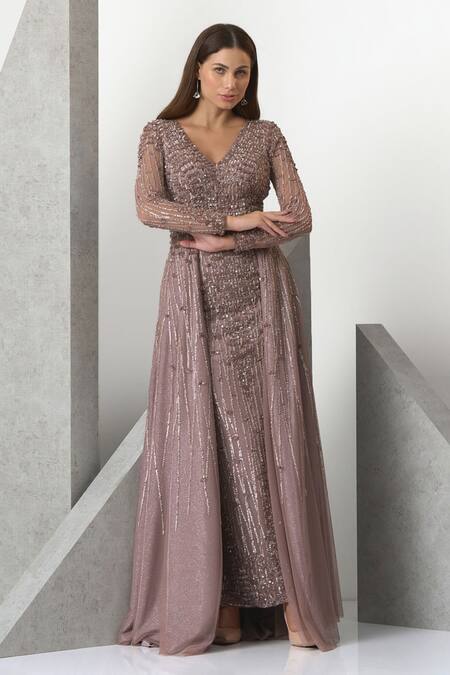 Buy Eli Bitton Purple Tulle, Lurex Pearls, Beads V-neck Hand Embroidered Trail Gown Online at Aza Fashions Buy_Eli Bitton_Purple Tulle, Lurex Pearls, Beads V-neck Hand Embroidered Trail Gown _Online_at_Aza_Fashions