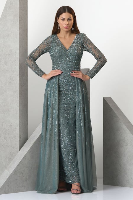 Eli Bitton Beads & Pearls Hand Embroidered Trail Gown 