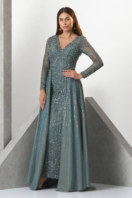 Eli Bitton_Blue Tulle, Lurex Pearls, Beads V-neck And Hand Embroidered Trail Gown _Online_at_Aza_Fashions