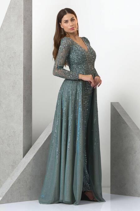 Buy_Eli Bitton_Blue Tulle, Lurex Pearls, Beads V-neck And Hand Embroidered Trail Gown _Online_at_Aza_Fashions