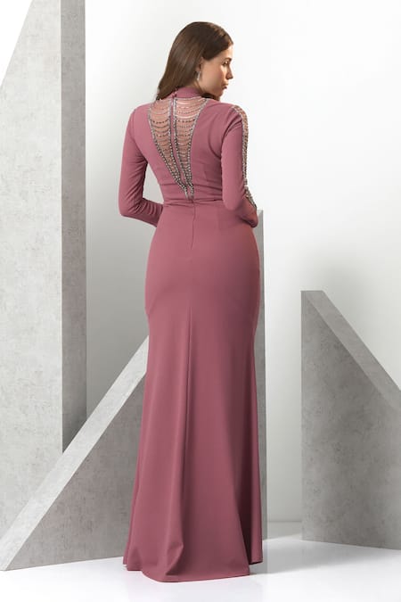 Eli Bitton Beads & Sequins Hand Embroidered High Neck Gown 