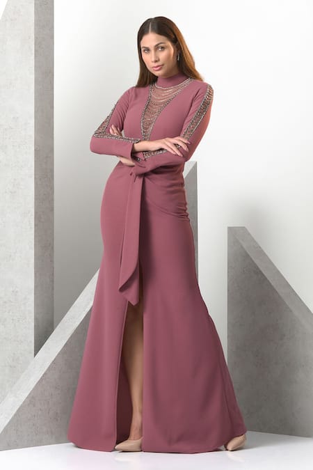 Eli Bitton_Pink Crepe, Polyester Embroidery Turtle Neck Beads And Sequins Hand High Gown _Online_at_Aza_Fashions