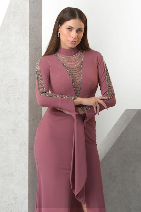 Buy_Eli Bitton_Pink Crepe, Polyester Embroidery Turtle Neck Beads And Sequins Hand High Gown _Online_at_Aza_Fashions