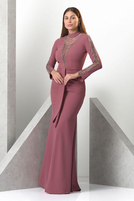 Shop_Eli Bitton_Pink Crepe, Polyester Embroidery Turtle Neck Beads And Sequins Hand High Gown _Online_at_Aza_Fashions