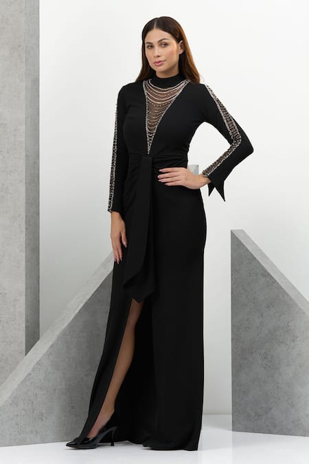 Buy Eli Bitton Black Crepe, Polyester Sequins, Beads Turtle Neck Hand Embroidered High Gown Online at Aza Fashions Buy_Eli Bitton_Black Crepe, Polyester Sequins, Beads Turtle Neck Hand Embroidered High Gown _Online_at_Aza_Fashions