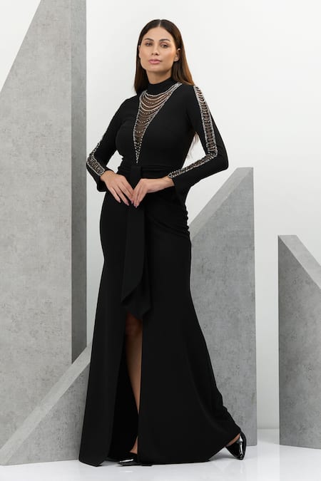 Eli Bitton Black Crepe, Polyester Sequins, Beads Turtle Neck Hand Embroidered High Gown at Aza Fashions Eli Bitton_Black Crepe, Polyester Sequins, Beads Turtle Neck Hand Embroidered High Gown _at_Aza_Fashions