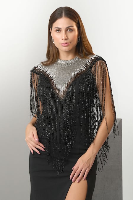 Buy_Eli Bitton_Black Crepe Beads Round Neck Hand Embroidered Gown _Online_at_Aza_Fashions