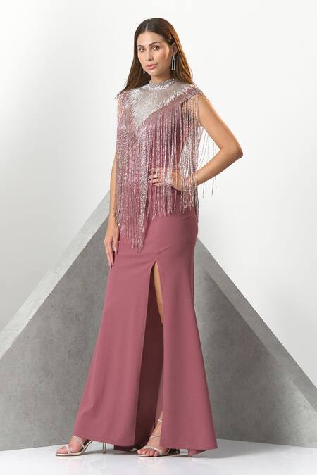 Eli Bitton_Pink Crepe, Polyester Beads Round Neck Fringe Detailed Hand Embroidered Gown _Online_at_Aza_Fashions