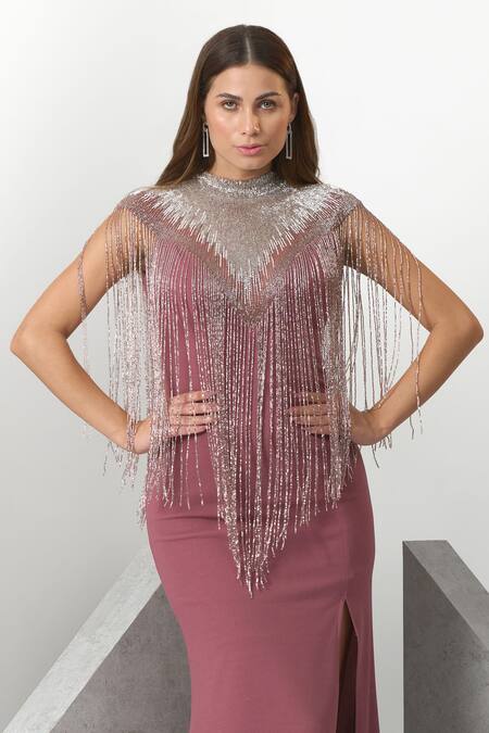 Buy_Eli Bitton_Pink Crepe, Polyester Beads Round Neck Fringe Detailed Hand Embroidered Gown _Online_at_Aza_Fashions