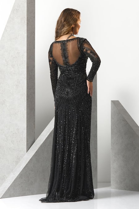 Shop_Eli Bitton_Black Tulle, Polyester Sequins, Embroidery Plunge Neck Hand Gown _at_Aza_Fashions