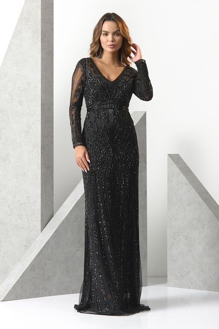 Eli Bitton_Black Tulle, Polyester Sequins, Embroidery Plunge Neck Hand Gown _Online_at_Aza_Fashions