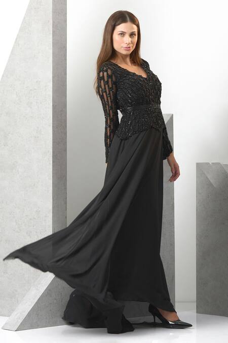 Eli Bitton_Black Chiffon Pearls, Sequins V-neck And Embroidered Flared Gown _Online_at_Aza_Fashions