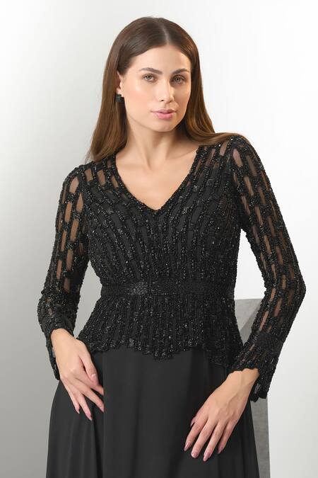 Buy_Eli Bitton_Black Chiffon Pearls, Sequins V-neck And Embroidered Flared Gown _Online_at_Aza_Fashions