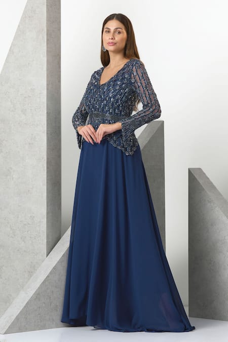 Eli Bitton_Blue Chiffon Sequins, Pearls V-neck Hand Embroidered Flared Gown _Online_at_Aza_Fashions